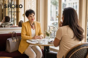 International expat woman reflecting emotionally while looking out over Paris