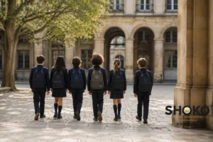 Children of different nationalities walking together through a Paris school