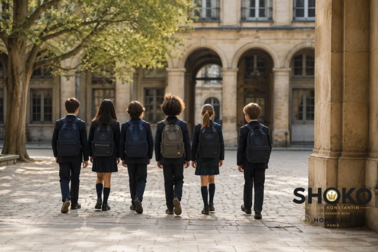 Children of different nationalities walking together through a Paris school