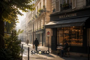 A quiet Parisian street in the morning with a boulangerie open and locals beginning their day in a residential arrondissement