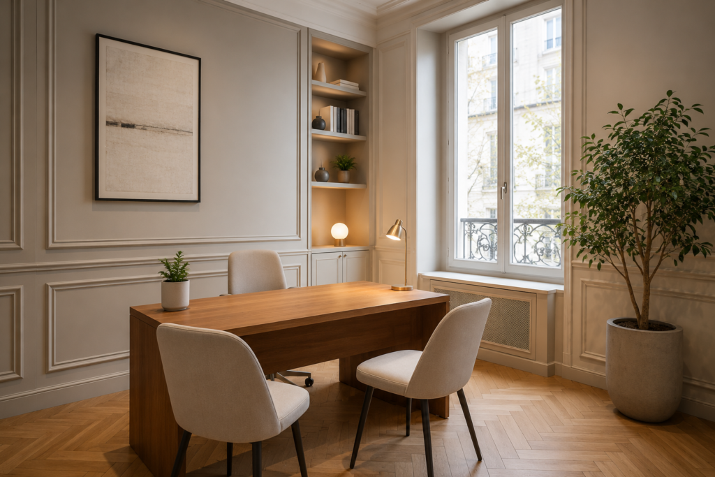 Clean modern French medical clinic waiting room with natural light representing accessible healthcare for international residents in France