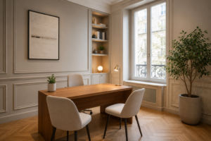 Clean modern French medical clinic waiting room with natural light representing accessible healthcare for international residents in France