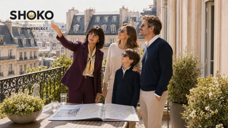 SHOKO showing an expat family a regional map and train schedule for weekend day trips from their Paris home
