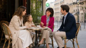 SHOKO chatting with an expat family at a Paris café terrace near a pharmacy's green cross sign