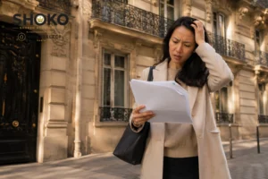 International property buyer reviewing French residency and visa documents outside a Paris apartment building.