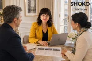 Expat couple reviewing a property survey report with their buyer agent in Paris