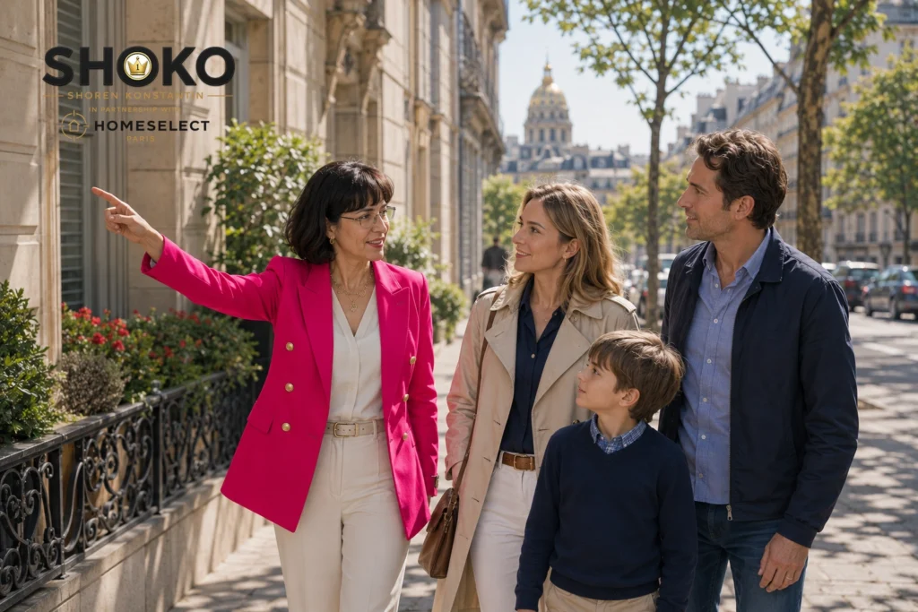 International expat family exploring a Paris residential neighborhood
