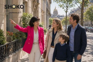 International expat family exploring a Paris residential neighborhood