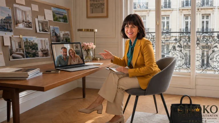 Buyer agent on a video call with an expat family reviewing shortlisted properties before their move to France