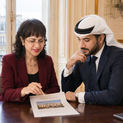 Financial advisor discussing French real estate wealth tax considerations with a Gulf family